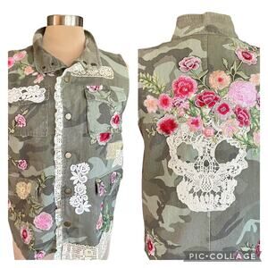 Upcycled Camo Vest Sz S/M Lace Skull Pink Floral Appliques Lace Trim OOAK